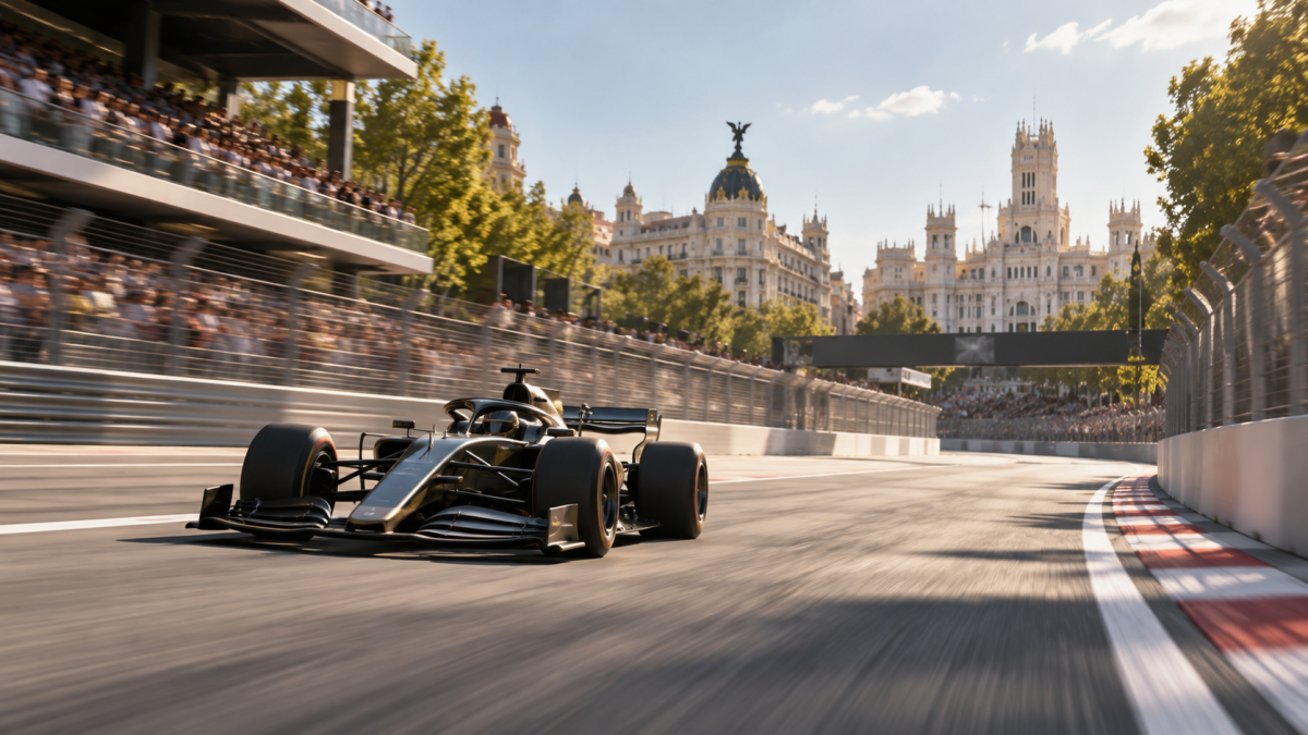 Formula One car racing through a cinematic city circuit