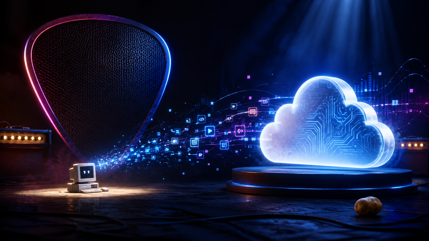 A tiny computer icon versus a cloud, with rock-and-roll energy and a subtle potato