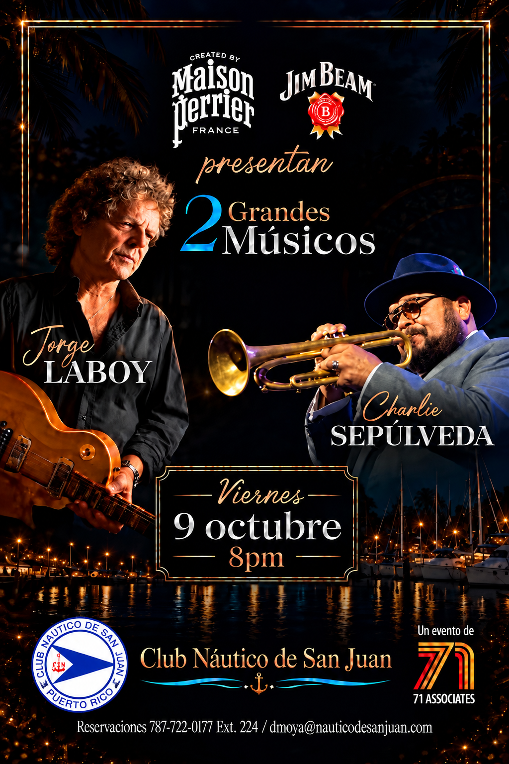 Afiche de Jorge Laboy y Charlie Sepúlveda en el Club Náutico de San Juan, viernes 9 de octubre a las 8:00 p. m.